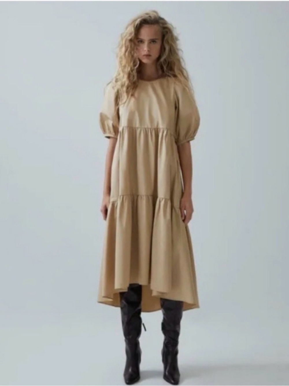 Zara Tan Neutral Puff Sleeve Tiered Maxi Dress